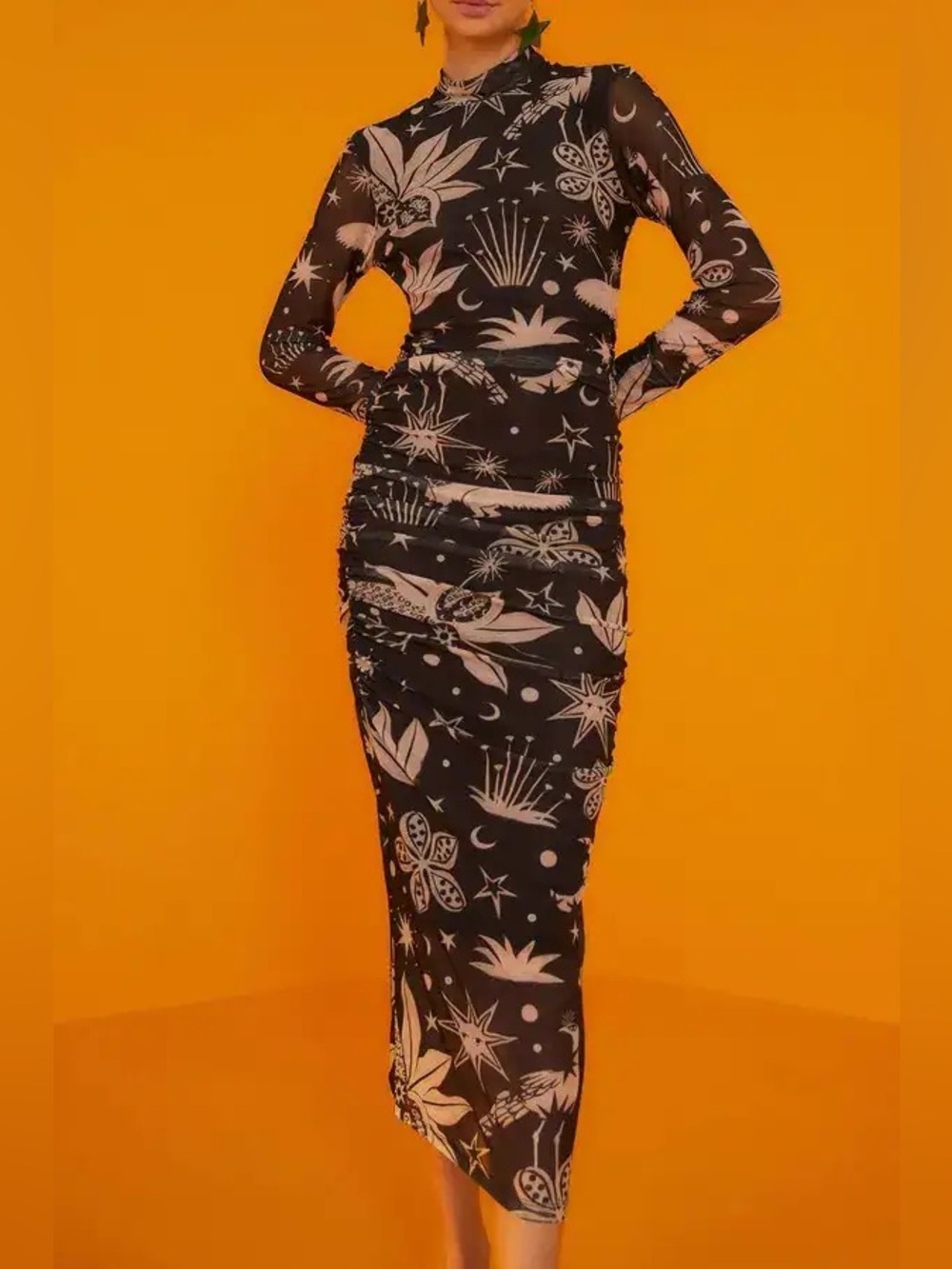 Farm Rio Cerrado Sky Tulle Ruched Midi Dress Black White L NWT